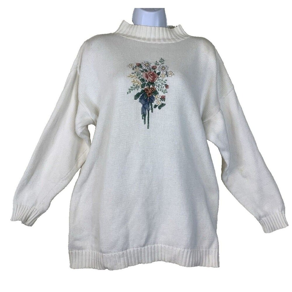 VTG Cross Stitch Floral White 100% Cotton Sweater Boundary Waters Women's Size L